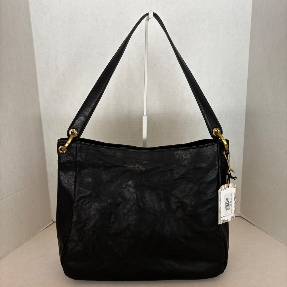 écotorie BLEU Shoulder Bag Womens Large‎ Black Real Leather Hobo Tote Gold Ring